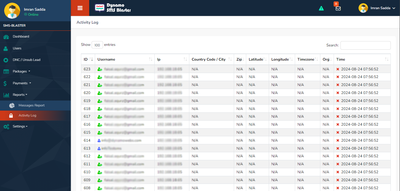 goadvance SMS blaster Admin User Activity Log - SMS App